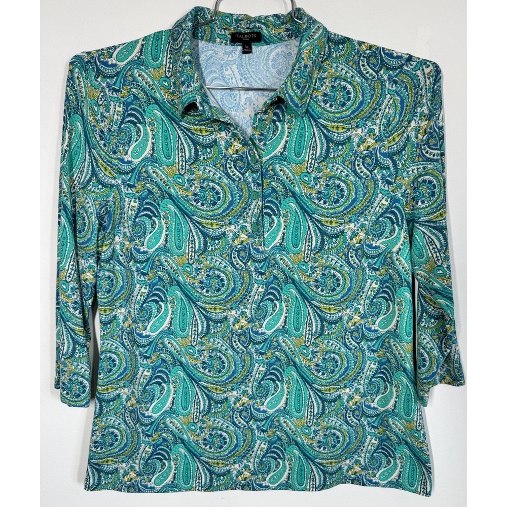 Talbots Casual Green Paisley Performance Nylon  3/4 Sleeve Shirt Stretch‎ Size L